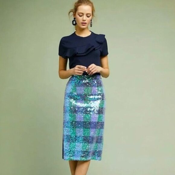Maeve Dresses & Skirts - Anthropologie Maeve iridescent Sequin Blue & Green Buffalo Check Pencil Skirt